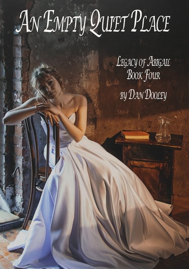Book cover for An Empty Quiet Place featuring a woman in a white gown in a rustic room.