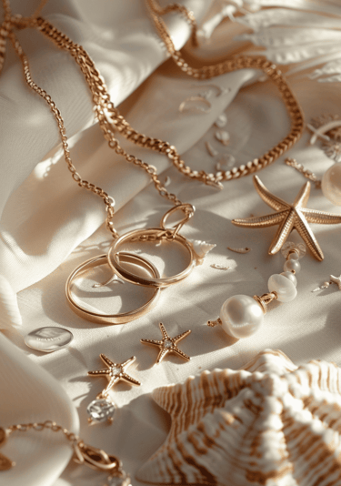 Colección de joyería de acero inoxidable dorado con diseño marino de estrellas de mar y perlas sobre