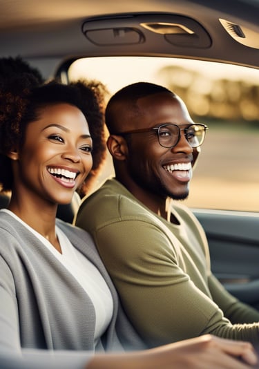 a man and woman in glasses are sitting in a car