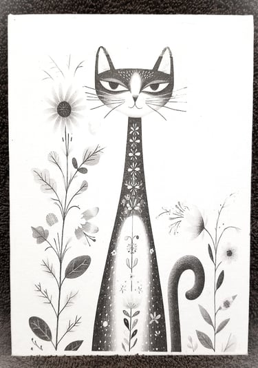 Folk Art long neck kitty with flowers.
