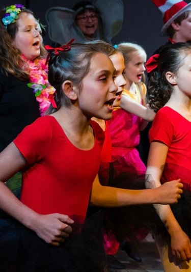 Group of children performing on stage in colorful costumes during a musical theatre production .