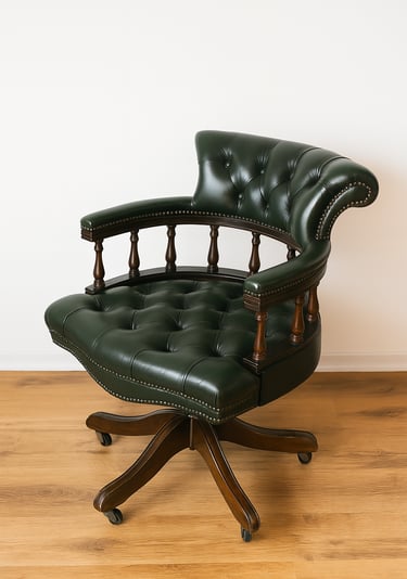 Green leather captain’s chair with wooden arms – vintage office chair