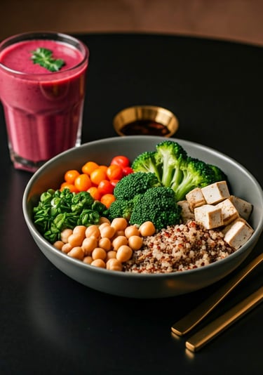 Nutritious fit quinoa bowl with vegetables and fruit juice