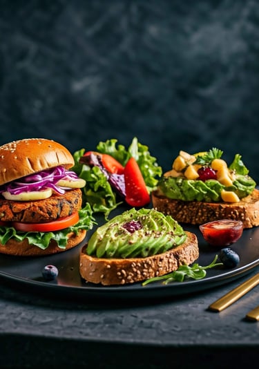 Whole food plant based burger and avocado toast