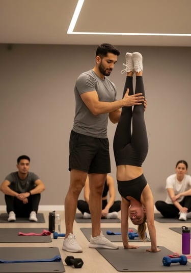 Personal Trainer Munich (Rahil) helping a student do handstand