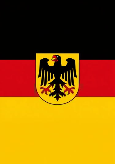 Vertical German flag featuring black, red, and gold stripes with the federal coat of arms eagle.