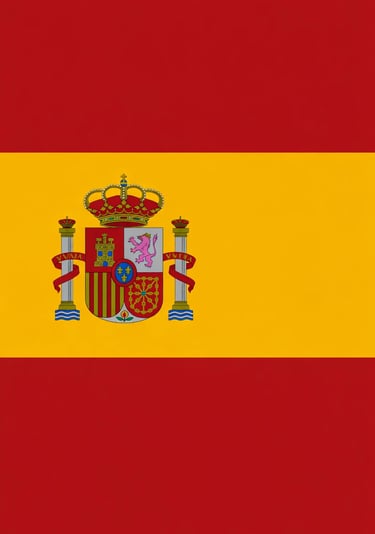Official national flag of Spain featuring red and yellow horizontal stripes with the royal coat of arms.