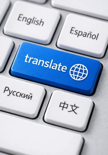 A blue translate button on a keyboard surrounded by English, Spanish, Russian, and Chinese keys.