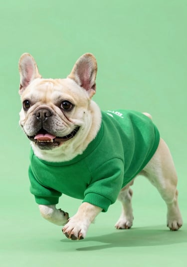 Un bulldog francés de color claro corriendo con un suéter verde para perros, sobre un fondo verde.