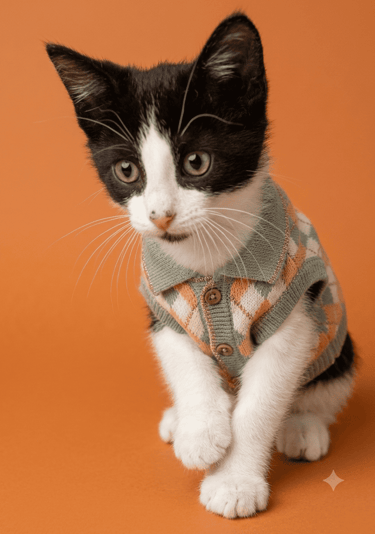 Un gatito pequeño blanco y negro que lleva un suéter estampado para mascotas, sobre un fondo naranja