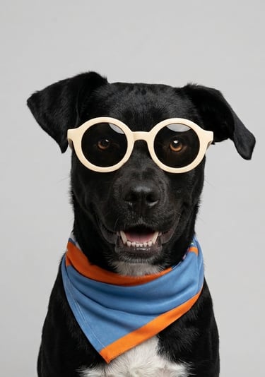Perro negro con gafas de sol redondas de color beige y un pañuelo azul, sobre un fondo gris.