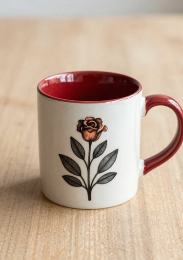 Taza de café de cerámica blanca con interior rojo sublimado con de una rosa estilo vintage