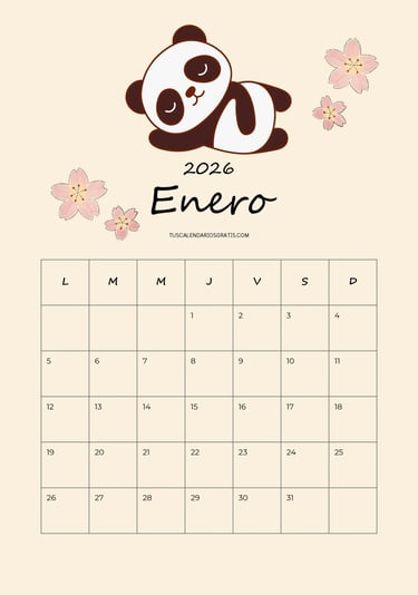 Calendario mensual enero 2026 con diseño kawaii