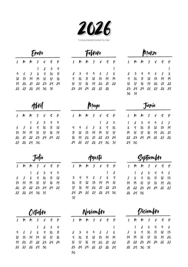 Calendario anual 2026 minimalista Avallon para imprimir en PDF
