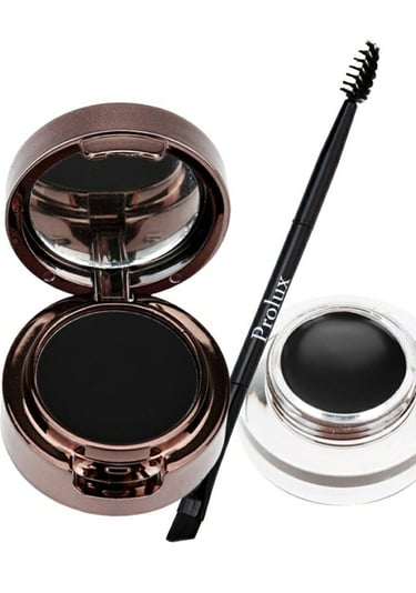 Prolux, pomada negra para cejas en gel y polvo, dúo con pincel aplicador de doble punta.