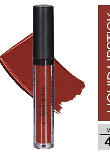 Labial líquido Beauty Creations en el tono Mine, con una muestra de color rojo intenso mate.