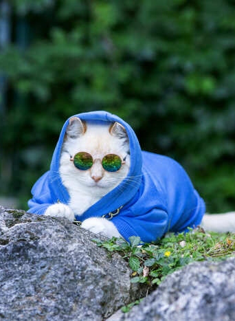 Un gato blanco con una sudadera azul con capucha y gafas de sol redondas