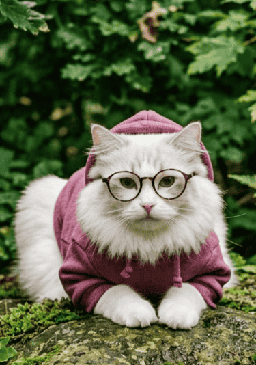 Gato de apariencia Ragdoll blanco, con gafas y sudadera morada, recostado sobre una roca en un bosque