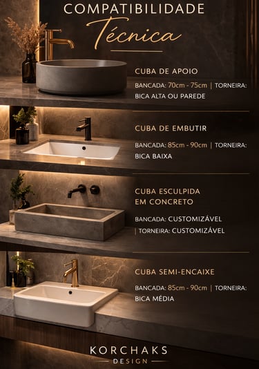 Infográfico de compatibilidade técnica para cubas de banheiro mostrando altura de bancada e etc