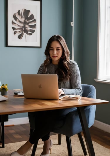Mujer trabajando desde casa con laptop en un ambiente tranquilo, ideal para representar recursos de 