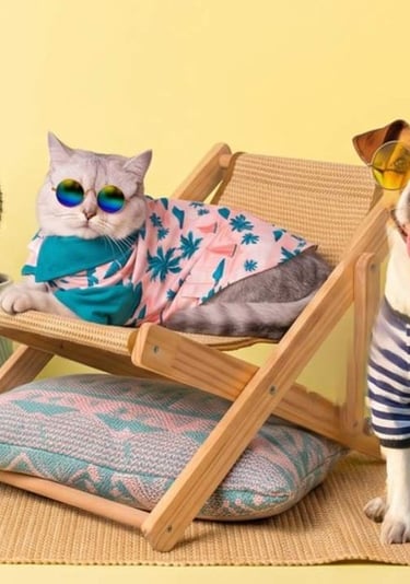 Gato vestido con ropa de playa junto a perro usando gafas 
