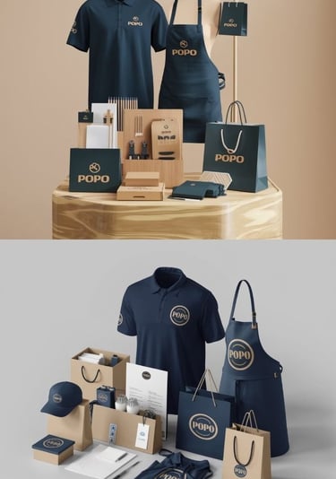 Mercancía de impresion digital que incluye polos , delantales , bolsas y tazas con logotipo