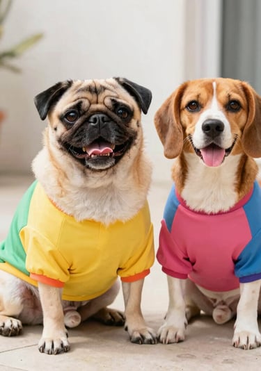 Dos perros con camisetas coloridas posan juntos mirando a la cámara.