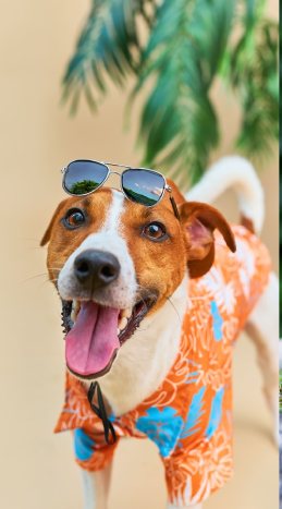 Feliz Jack Russell Terrier con una camisa tropical naranja y gafas de sol de vacaciones.