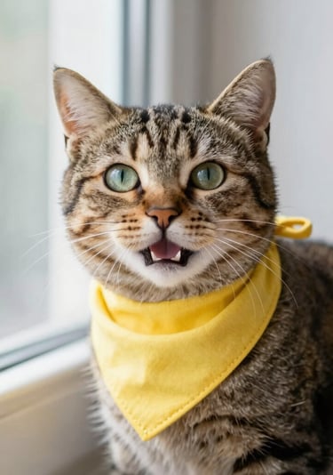 Retrato de un gato atigrado de ojos verdes con un pañuelo amarillo brillante junto a una ventana.