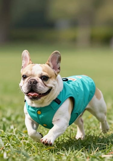 Un adorable bulldog francés con un chaleco turquesa corriendo por un campo de hierba verde.