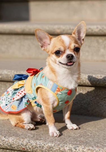 Un adorable cachorro de chihuahua de color canela, con un colorido vestido floral para perros