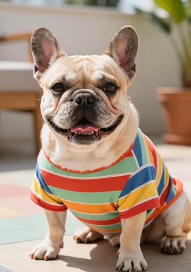  Un adorable bulldog francés color crema con una colorida camiseta de rayas para perros