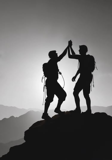 Two climbers celebrating at the top