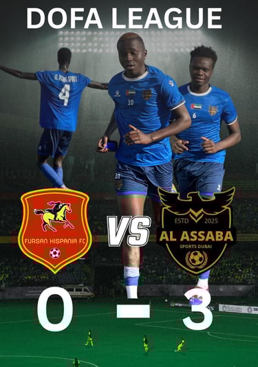 DOFA League football match scoreboard showing Al Assaba Sports Dubai defeating Fursan Hispania FC 3-0.