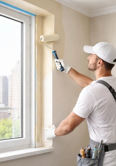 a man in a white shirt and a white hat is painting near a window frame