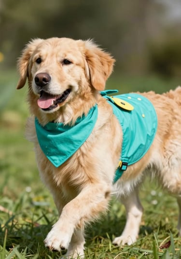 Un cachorro Golden Retriever con pañuelo color turquesa a juego pasea en el cesped