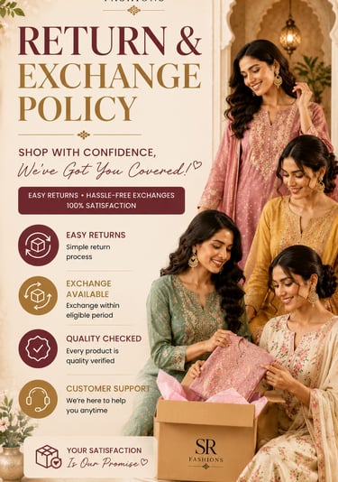 SR Fashions return and exchange policy infographic featuring women in elegant ethnic wear with easy return icons.