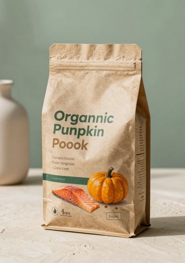 Bolsa de alimento orgánico para perros de calabaza y salmón sobre una encimera de piedra.