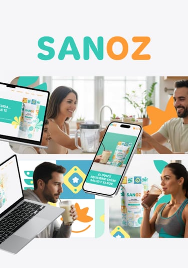 Sanoz en computadora y móvil, promoviendo un estilo de vida saludable.