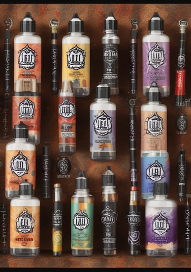 Collection of e-liquid bottles and vape pens with artistic labels on a textured background.