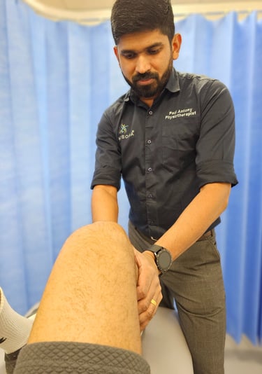 Professional physiotherapist assisting patient with mobility therapy