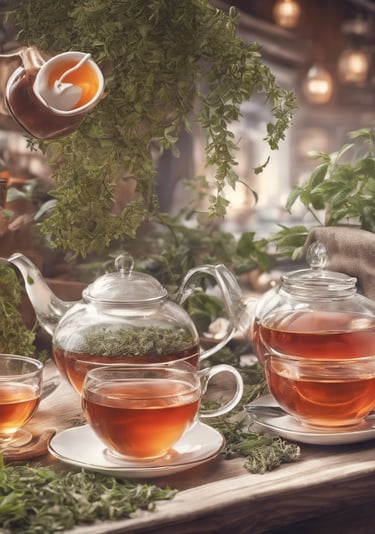 Théière en verre avec tasses remplies et plantes autour