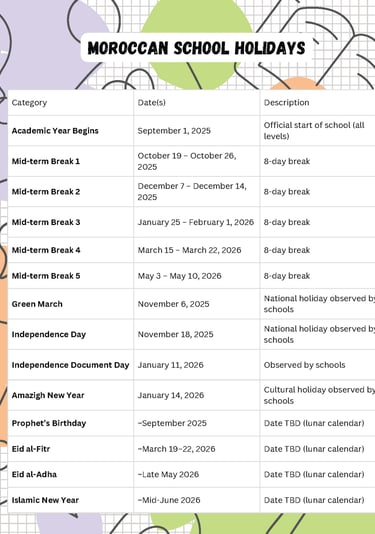 Record book holidays page for Moroccan English teachers