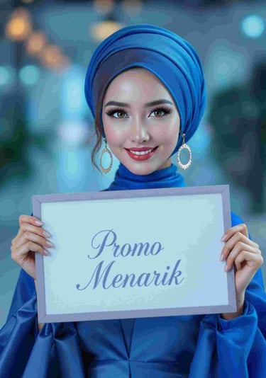 model cantik dengan pakaian biru membawa papan tulisan promo menarik