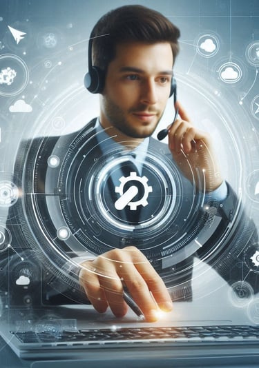a man in a suit and headphones with a laptop
