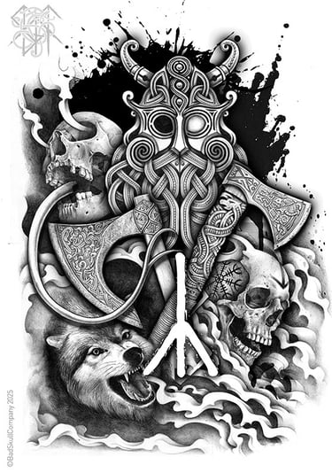 a tattoo style drawing of a viking warrior with skulls, viking axes and wolf