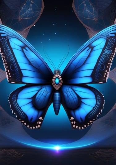Blue butterfly glowing symbol for subconscious reprogramming and energy clearing.
