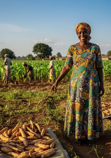 a woman in a colorful dress standing in a field