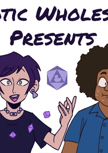 Drawings of Kay smiling while dice float in front of them as David looks to one side sweating