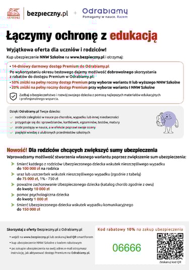 oferta ubezpieczenia nnw dla uczniów i rodziców wraz z możliwością dostępu na strone odrabiamy.pl